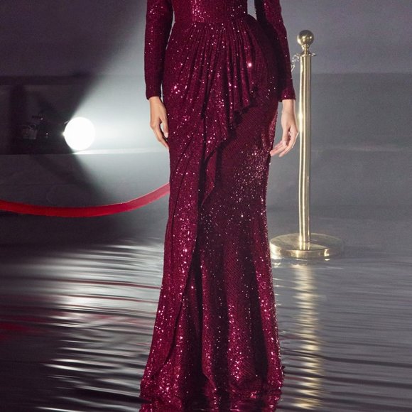 SEQUIN OFF THE SHOULDER LONG SLEEVE GOWN MOTHER OF BRIDE PROM PARTY DRESS cd135 - Picture 7 of 8